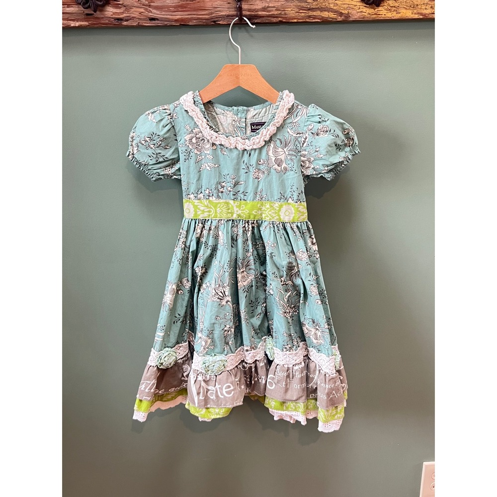 Mustard Pie Girls Floral‎ Teal Lace Ruffle Dress Size 6X Boutique Cottagecore